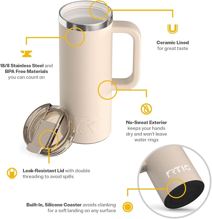 RTIC 20oz Road Trip Travel Mug with Lid and Handle, Ceramic Lined, Beach | Stainless Steel Metal, Insulated Travel Cup for Hot and Cold Drinks, Coffee, Car, Camping and Travel - Image 3