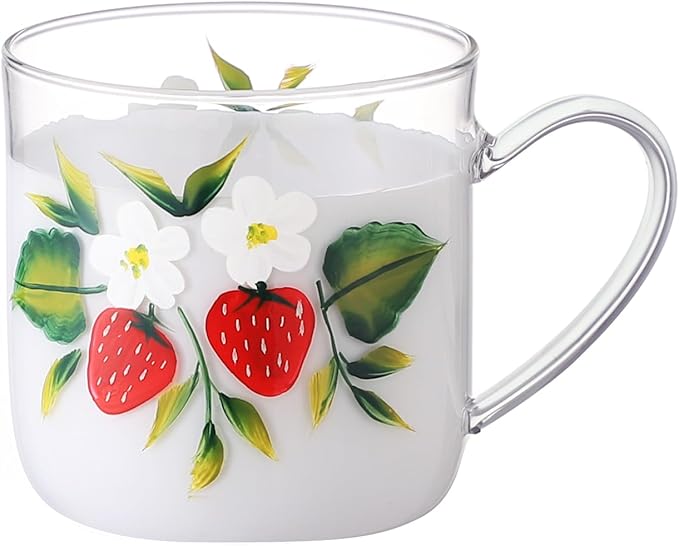 12oz/350ml Hand Painted Glass Cups With Handle,Clear Glass Coffee Cups,Coffee Glasses For Hot Beverages,Clear Mugs (Strawberry)