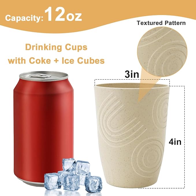 12 oz Kids Cups，Wheat Straw Cups Set of 6, Alternatives to Plastic Cups Reusable, Unbreakable Water Tumbler, Dishwasher Safe Small Water Cups for Kitchen, Plastic Glasses Drinking (Beige) - Image 2