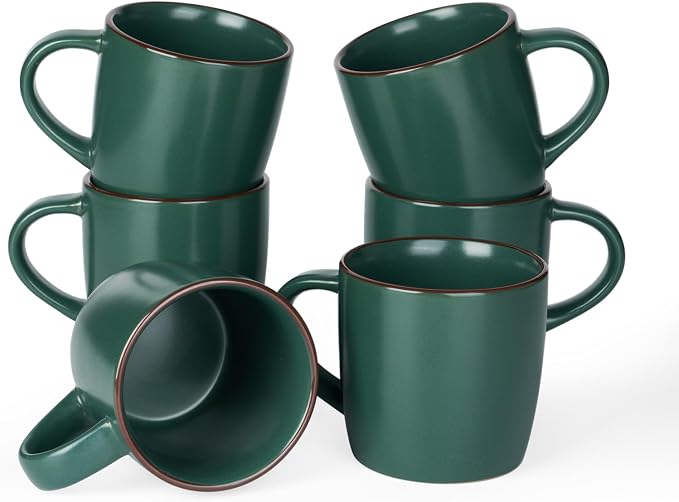 famiware Mercury Coffee Mugs 13 oz, Coffee Mugs Set of 6 with Handle, Ceramic Cups for Latte, Hot Tea, Cappuccino, Mocha, Cocoa, Dark Green by Famiware