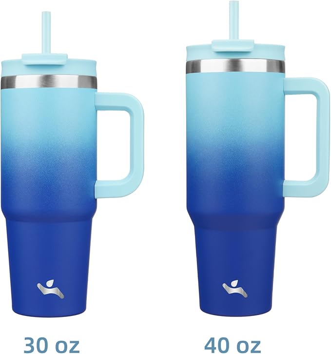 Konokyo 40 oz Insulated Tumbler Water Bottle with Handle, Straw Lid | BPA-free and dishwasher safe; made for gym, travel, coffee and gifting, 2 straws, cup holder friendly,Sky - Image 3