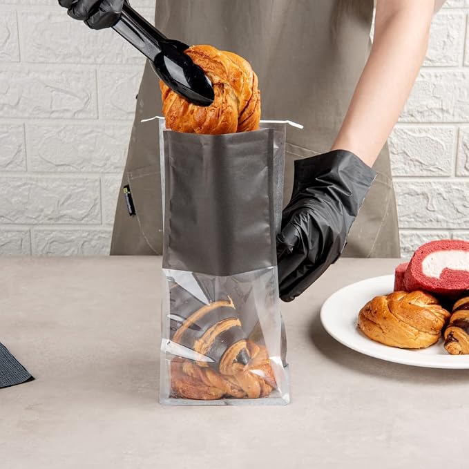 Bag Tek 5.1 x 4.1 x 11.2 Inch Tin Tie Bags With Windows, 100 Resealable Bakery Bags With Windows - Flat Bottom, For Cookies or Coffee Beans, Black Cotton Paper Tin Tie Bags - Restaurantware - Image 5
