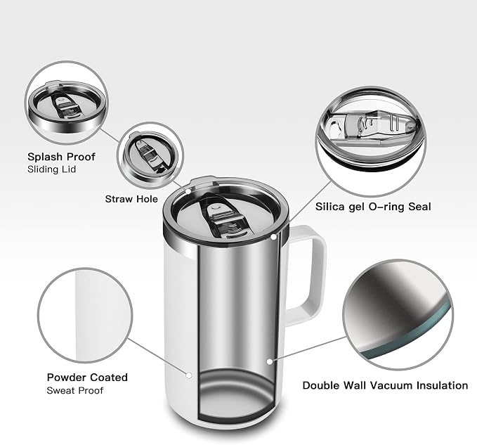 KXIAOCHEN 20 oz Insulated Coffee Mug, Coffee Cup with Lid and Wide Handle | 18/8 stainless steel, 6+ hours hot or 12+ hours cold, wide mouth, no-sweat exterior, for office, work, home and camping - Image 6
