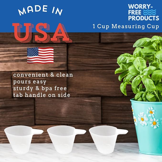 Worry-Free 1 Cup Measuring Cup - USA Made Plastic Measuring Cup, BPA Free. Clear, with Markings for Cups, ml, Ounces. Use for Dry, Liquid or as a Dog Food Scoop (3 Count)