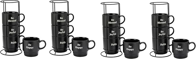 Signature Housewares Be Happy Stackable Stoneware Coffee Mug Set with Metal Rack - 15 Ounce Coffee Mugs for Coffee, Tea, Hot Chocolate, Milk, Set of 4, Matte Black (Pack of 4) by SignatureHousewares