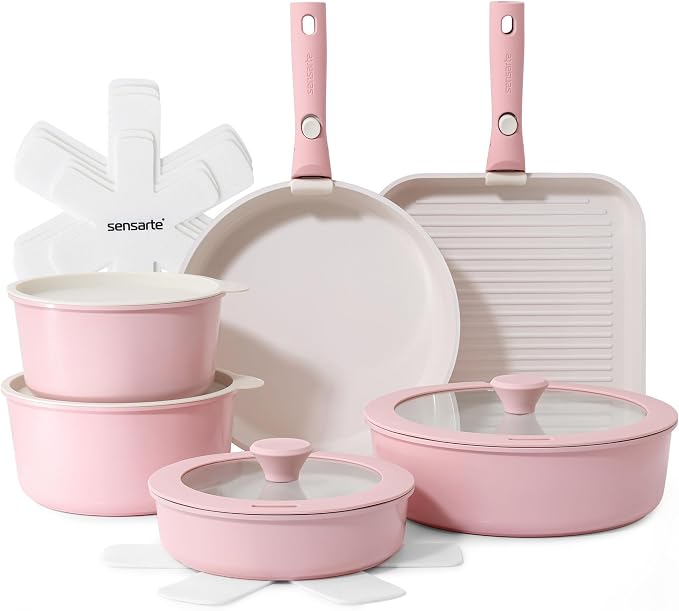 SENSARTE 17 Piece Ceramic Detachable Handle Pots and Pans Set Pink | Ceramic Cookware Set, Induction Cookware Set with Removable Handle, Healthy Non Stick for RV, Dishwasher ＆ Oven Safe by SENSARTE