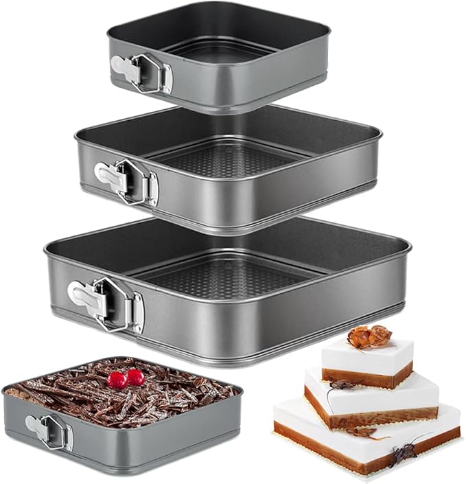 Springform Cake Pan Set of 3 (4, 7, 9 Inch) Square Leakproof Nonstick Cheesecake Pans with Removable Bottom Carbon Steel Bakeware by GZMAISULEE