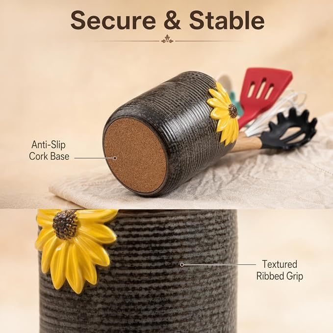 Ceramic Utensil Holder Sunflower Kitchen Utensil Crock Flower Vase Decor | Reactive glaze ceramic utensil holder countertop farmhouse with 3D yellow sunflower relief, cork base, ribbed anti-slip grip. - Image 5