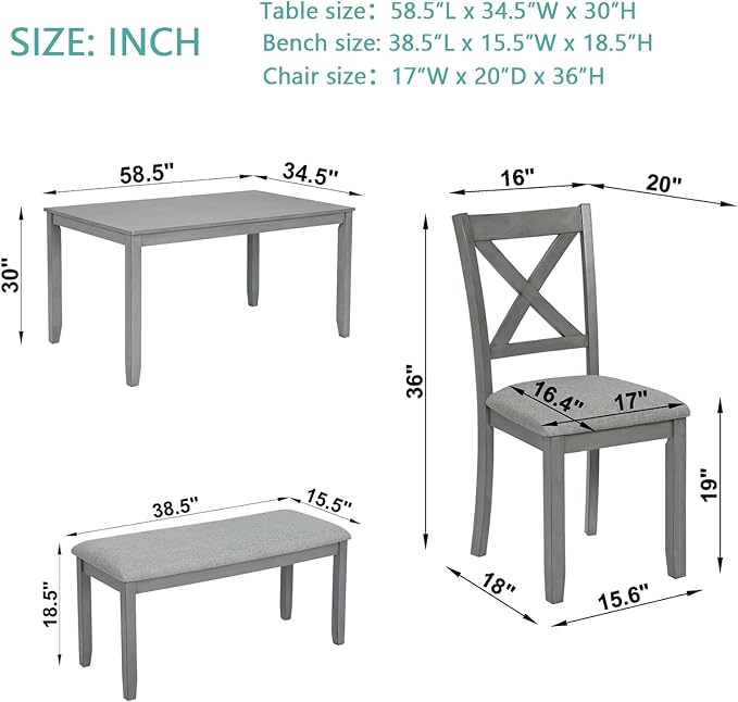 6-Piece Dining Table Set with Bench and Chairs - Solid Wood Kitchen Dining Room Table Set in Farmhouse Rustic Style, Table Set for 6 with 4 Chairs and Bench Seat.(Gray_Large) - Image 3