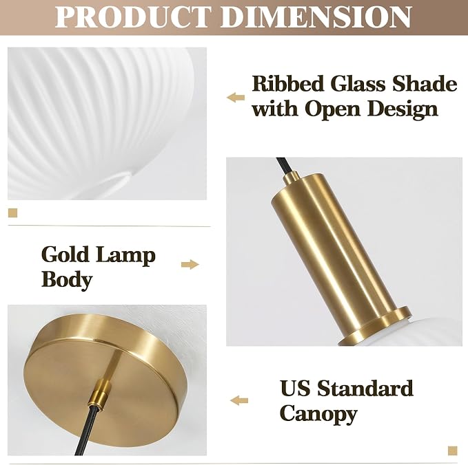 KCO Mid Century Modern Gold 12” Large White Milk Ribbed Glass Pendant Light | E26 Base, Adjustable Height, Lantern Shade Vintage Brass Hanging Light for Sloped Ceiling Kitchen Island Sink Dining Room Bar - Image 3
