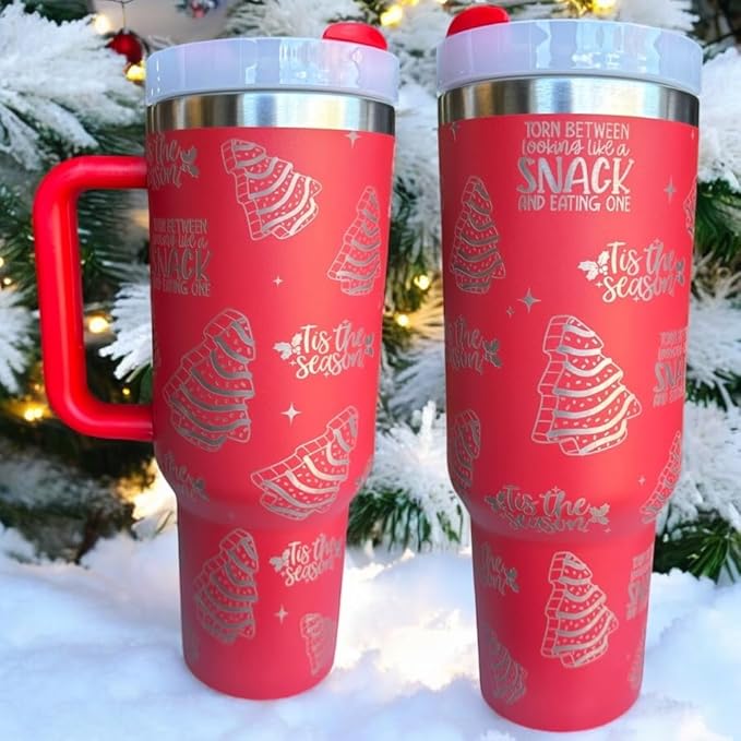 Tumbler, 40oz Tumbler, Western Tumbler, Engraved Cup with Handle, Cute Coffee Mug, 40oz Coffee Mug (Red-Christmas cake)
