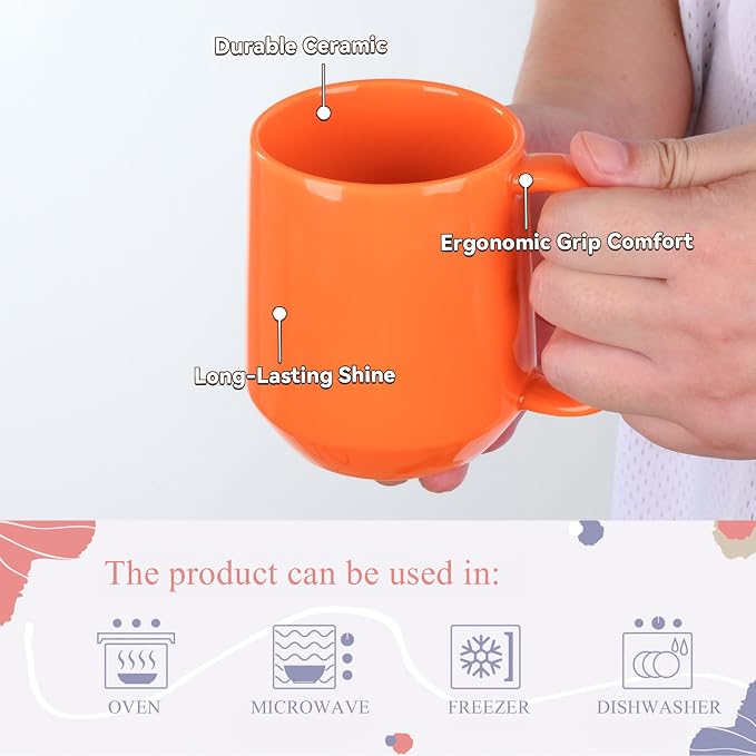 Miicol Ceramic Coffee Mug, 16 oz Large Coffee Cup, Tea Mug with Handle, Flat Bottom Mug for Men, Women, Office, Microwave and Dishwasher Safe, Multi-Color, Sun Orange - Image 7