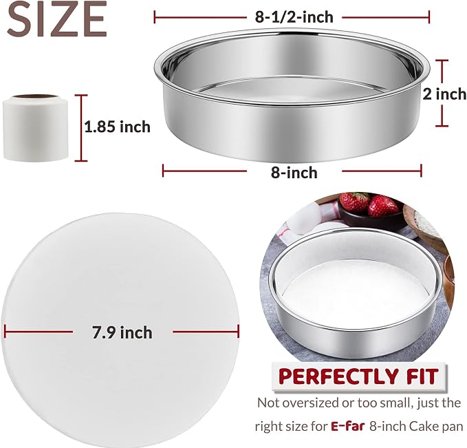 8 Inch Cake Pan Set of 2, E-Far Stainless Steel Round Layer Cake Baking Pans with Parchment Rounds & Side Liner Roll, Non-Toxic & Healthy Metal Cakes Tin, Straight Side & Dishwasher Safe - Image 2