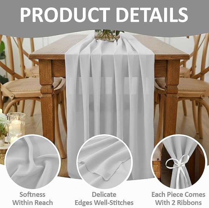 Pack of 25 | Grey | 10ft Chiffon Table Runner 29x120 Inches Long Romantic Rustic Sheer Gauze Runner for Wedding Bridal Shower Birthday Banquets Engagement Spring Easter Boho Decorations - Image 5