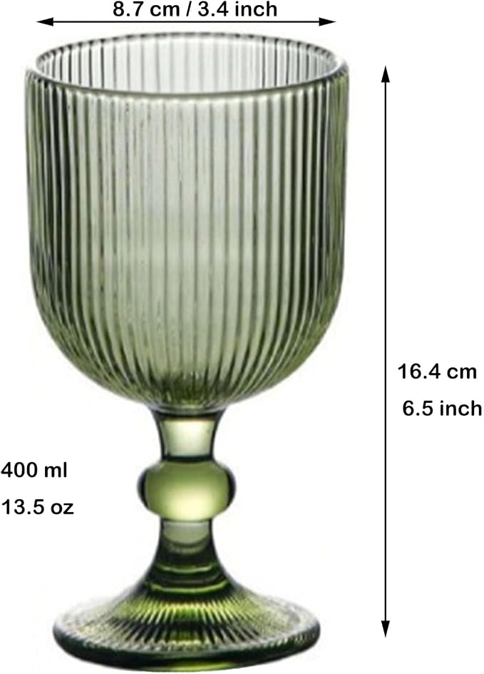 Taganov Green Drinking Glasses set of 6 Big Wine Goblets Vintage Colored Glassware 13 oz for Wedding Party Bar Vertical Line Embossed Pattern Stemmed Cups 400ml - Image 5