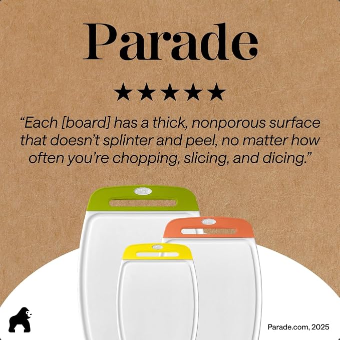 GORILLA GRIP BPA-Free Reversible Kitchen Cutting Board Set of 3 US Designed, Nonporous, Juice Grooves Catch Liquid, Slip Resistant Border, Dishwasher Safe Large Food Chopping Boards, Lime Orange Lemon - Image 9