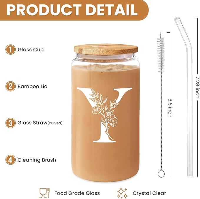 SANDJEST Monogrammed Gifts for Women - Monogram Y Initial Glass Cup 16 Oz Can Coffee Cups with Lid and Straw - Monogram Initials Gifts for Womens on Birthday
