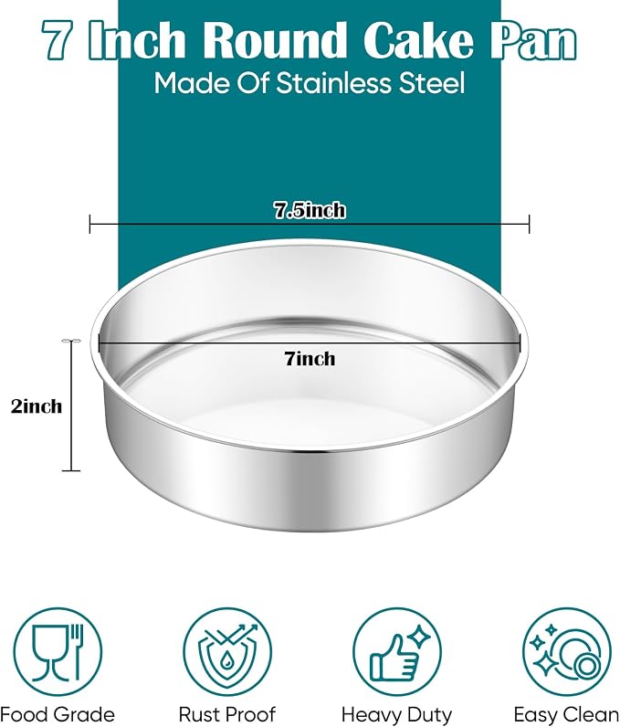 TeamFar 7 Inch Cake Pan Set of 2, Stainless Steel Round Cake Baking Pan | Layer Baking Tin for Birthday Wedding, Non-Toxic & Heavy-Duty, Mirror Finish & Leak Proof, Oven & Dishwasher Safe - Image 2