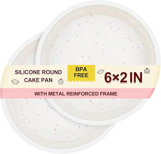 CAKETIME 6 Inch Silicone Round Cake Pan with Metal Reinforced Frame Set of 2, Non-stick & BPA Free, Even Heat Distribution, Stackable & Dishwasher Safe by CAKETIME