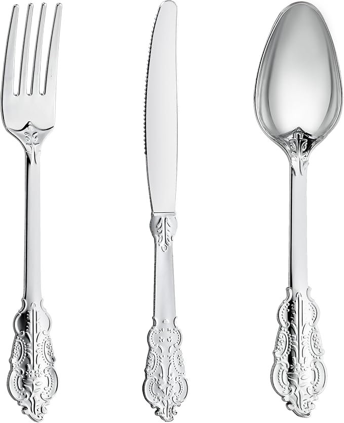 N9R 300PCS Silver Plastic Silverware, Vintage Disposable Utensils & Cutlery | 100 Fancy Forks, Spoons, Knives, Heavy Duty, BPA-Free, for Party, Weddings, Birthday & Holiday by N9RTABLEWARE