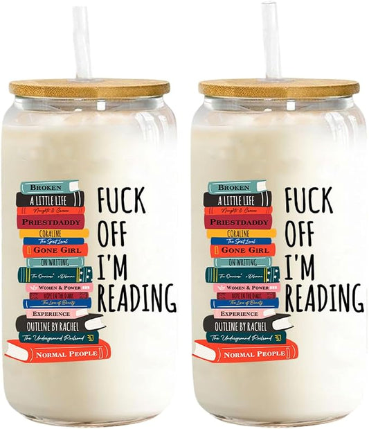 F- Off I'm Reading Funny Book Lovers - Personalized Clear Glass Cup Novelty Coffee Iced Tea Glassware Bookworm Aesthetic Drinkware by Unknown