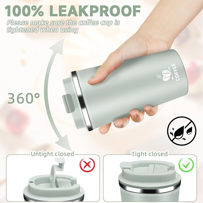 Insulated Travel Coffee Mug Reusable Coffee Tumbler Cup with Flip Lid Leak Proof Spill Proof for Office School Party Camping Hot and Cold Drink,Stainless Steel 17oz (Agave Green) - Image 2