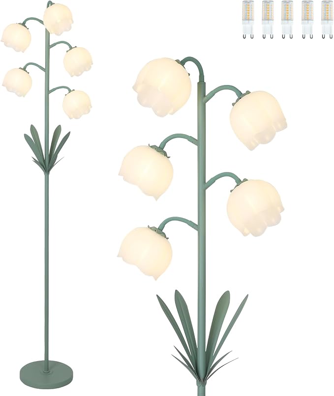 5-Lights Flower Floor Lamp with LED Blubs, Green Modern Floor Lamps for Living Room, Adjustable Standing Lamps for Bedroom Reading, Corner Tall Lamp Tree Stand Up Lamp for Office Home Decor by ARTMOOY