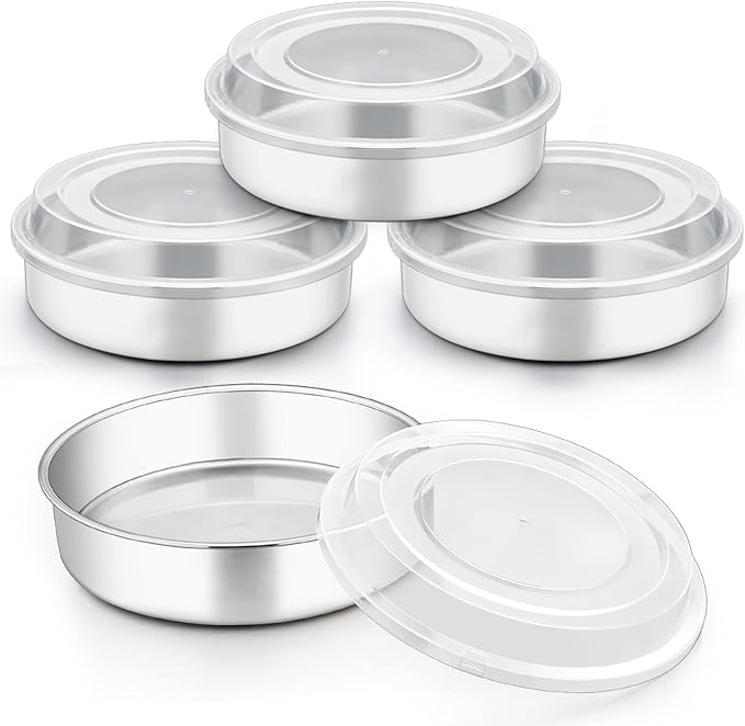 TeamFar 8 Inch Cake Pan, Stainless Steel Round Baking Pans with Lids-8 PCS | Smash Cake Pan Tins, Baking Steaming Serving for Wedding Bakery Camping Picnic, Oven & Dishwasher Safe(4 Pans + 4 Lids) by TeamFar
