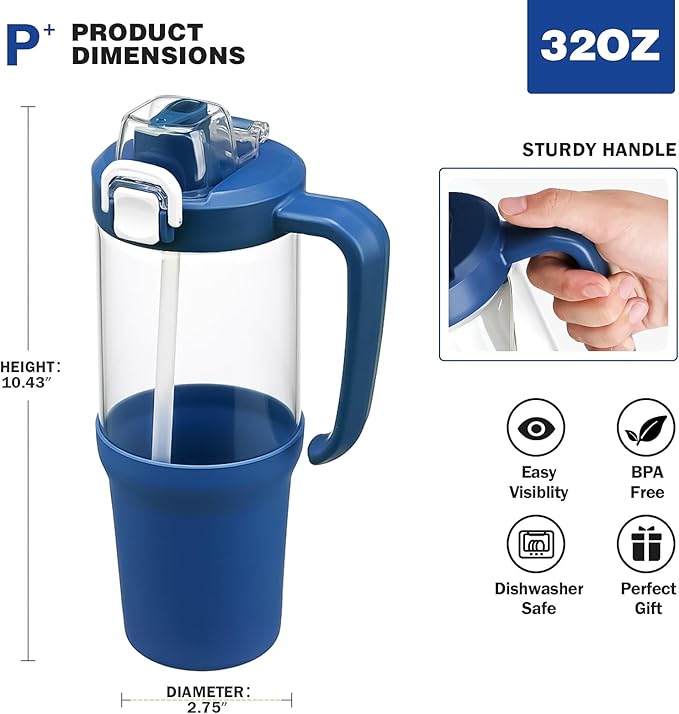 32 oz Glass Tumbler with Handle, 2-in-1 Straw and Sip Spout, Leakproof, BPA-Free Glass Water Bottle for Sports, Office, School, DBlue