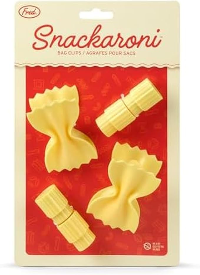 Genuine Fred SNACKARONI Pasta Bag Clips, Set of 4, Two Styles Farfalle and Rigatoni, Squeeze and Lock Bread Bag Clip, Spring-Loaded Clips, Fun Food Storage and Kitchen Accessories by GenuineFred