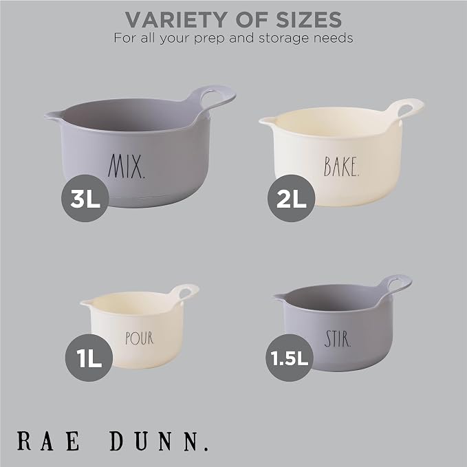 Rae Dunn Non-Slip Mixing Bowls - 4 Piece Nesting Plastic Mixing Bowl Set with Pour Spouts and Handles-Measurement Markings (Grey) - Image 3
