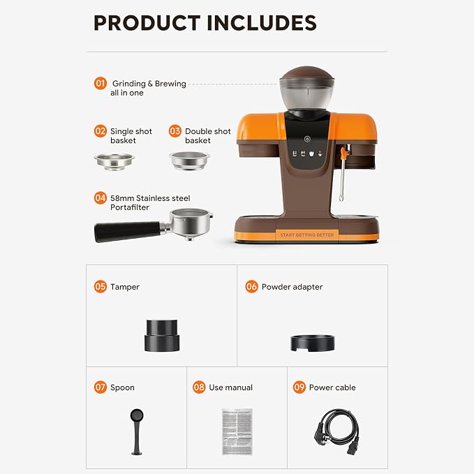AUNMAS Coffee Maker, Espresso Machine with Tamper Steam Wand Grinder for Home Office Barista Style, 19 Bar 800ML 58mm Semi Automatic (US Plug 110V) - Image 4
