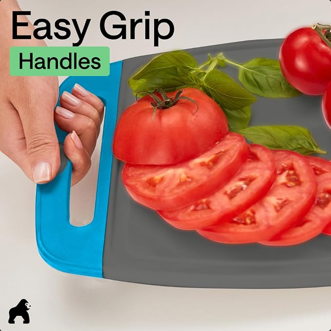 GORILLA GRIP BPA-Free Reversible Kitchen Cutting Board Set of 3, US Designed, Nonporous, Juice Grooves Catch Liquid, Slip Resistant Border, Dishwasher Safe, Durable Food Chopping Boards, Gray Aqua - Image 8