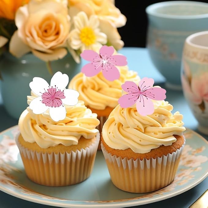 Edible Cherry Blossom Cupcake Toppers – Wafer Paper Flower Cakes Cupcakes Decorations White Pink Edible Flowers for Baby Shower Kids Birthday Spring Party Celebration Supplies (Cherry Blossom-A) - Image 5