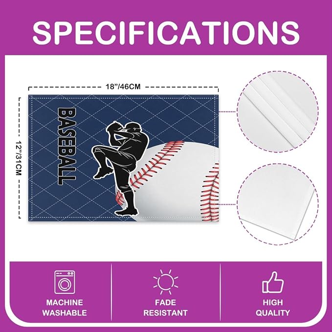 Feelyou Baseball Placemats Set of 4 18"x12" Navy Blue Baseball Table Place Mats, for Kids Boys Girls Teens Baseball Player Placemat for Kitchen Dining Table Decor Indoor Outdoor Set Ball Sport - Image 4