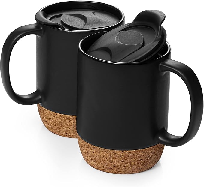DOWAN Coffee Mugs Set of 2, 15 OZ Coffee Cup with Cork Bottom and Splash Proof Lid, Ceramic Mug Set with Large Handle for Men, Women, for Coffee Tea Latte, Matte Black by DOWAN