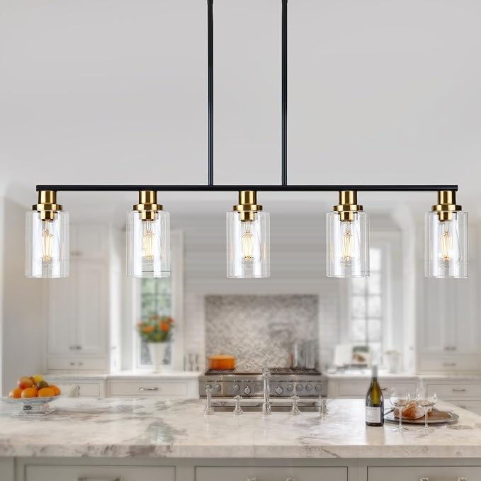 Dining Room Light Fixture,5-Light Farmhouse Linear Chandeliers for Dining Room Over Table，Matte Black and Gold Finish Kitchen Island Pendant Lighting for Kitchen Island，Pool Table Light - Image 7