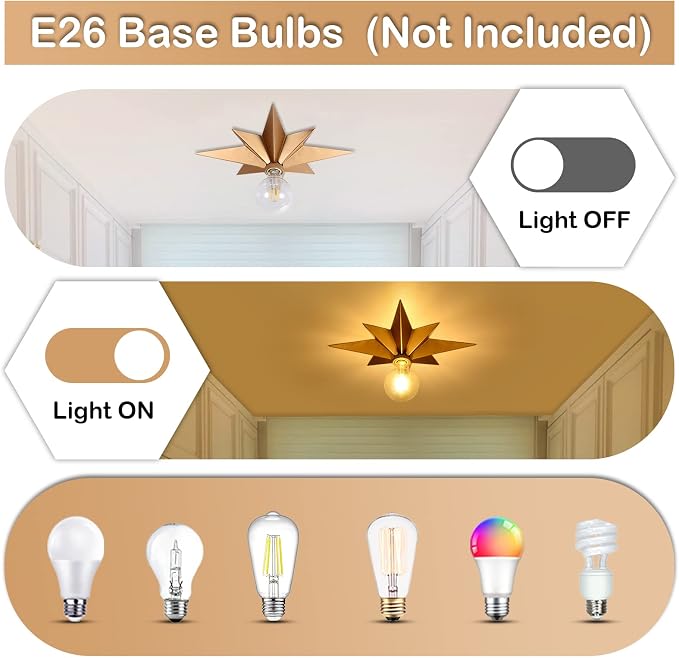 16 inch Flush Mount Ceiling Light, Gold Star Light Fixture, Farmhouse Star Ceiling Light, Vintage Flush Lighting Ceiling for Hallway, Entryway, Study, Bedroom, Stair, Foyer, Kitchen, Bathroom - Metal - Image 3