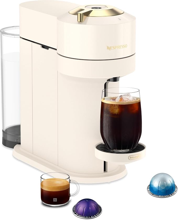 Nespresso Vertuo Next Coffee and Espresso Maker by De'Longhi, Creamy White and Gold | Creamy white and gold coffee machine with slim, sustainable design. Brews 6 cup sizes, espresso to 18 oz., topped with crema. by Unknown