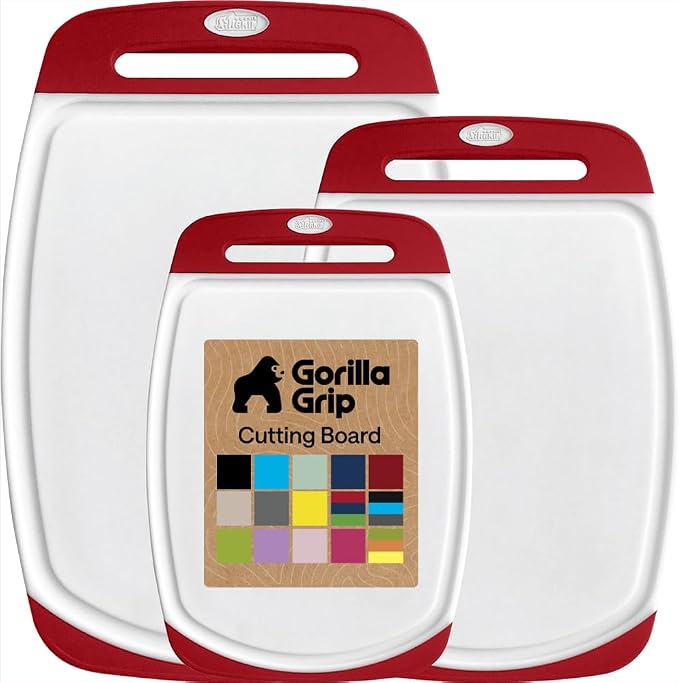GORILLA GRIP BPA-Free Reversible Kitchen Cutting Board Set of 3, US Designed, Nonporous, Juice Grooves Catch Liquid, Slip Resistant Border, Dishwasher Safe, Durable Large Food Chopping Boards, Red by Unknown