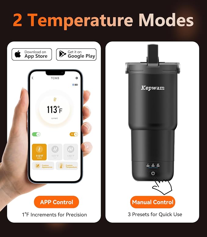 Kepwam Heated Coffee Mug Rechargeable T3, 20oz Self-Heating Travel Mug for Coffee with 1℉ Precise Temperature Control & App, Portable Cup Warmer for Outdoor & Car (Fits Cup Holders) - Image 3