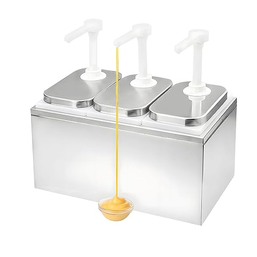 Sauce Dispenser Pump 6L, Stainless Steel Condiment Pump Station with 3 Jars, Condiment Pump Dispenser, Large Three Head Ketchup Dispenser