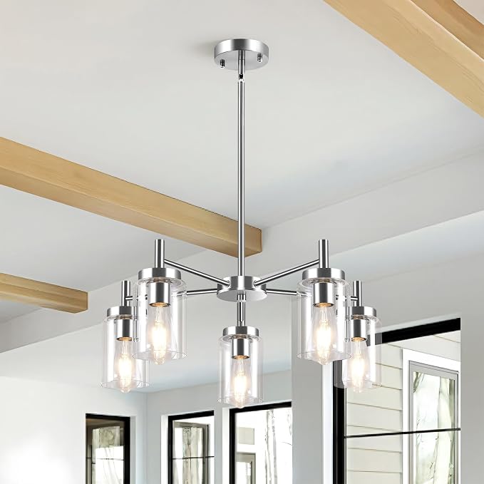 5 Lights Brushed Nickel Modern Farmhouse Chandelier for Dining Room with Glass Shade, Pre-Wired Height Adjustable Pendant Ceiling Lighting Fixture for Dining Living Room Bedroom Kitchen Foyer by SEILISY-STYLISHCHANDELIERS