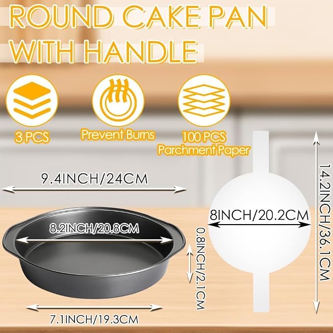 8 Inch Cake Pan, 3PCS Carbon Steel Round Cake Pans with 100 PCS Parchment Paper, Nonstick Cake Tins Flan Mold with Handle, Non-toxic & Healthy, Dishwasher Safe - Image 2