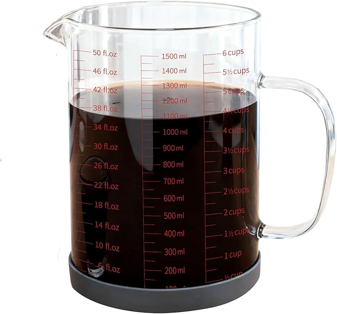BCnmviku Glass Measuring Cups 6Cup/1500ml/50oz High Borosilicate [Insulated Handle | V-Shaped Spout]For Prepping Baking and Cooking Preheated Oven Dishwasher Freezer and Microwave Safe with Silicone