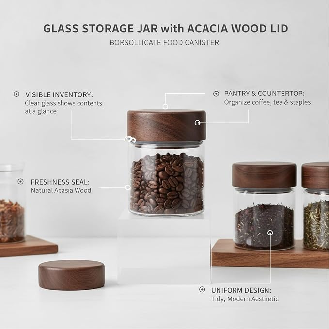 Glass Storage Jar with Acacia Wood Lid, Borosilicate Food Canister for Coffee Beans Tea Sugar Dry Pantry Staples (1 PC) - Image 4
