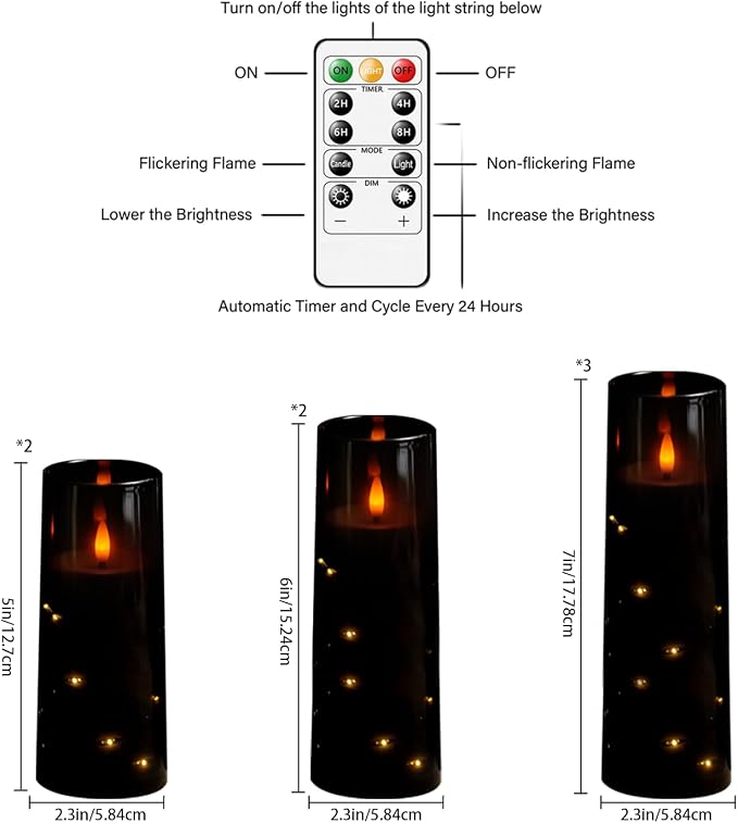 Flameless Candles,with Embedded Star String, Battery Operated Candles Flickering LED Pillar Candles with Remote Control and Timer, Home Decoration Add a Warm and Romantic Atmosphere，Set of 7 (Black) - Image 2