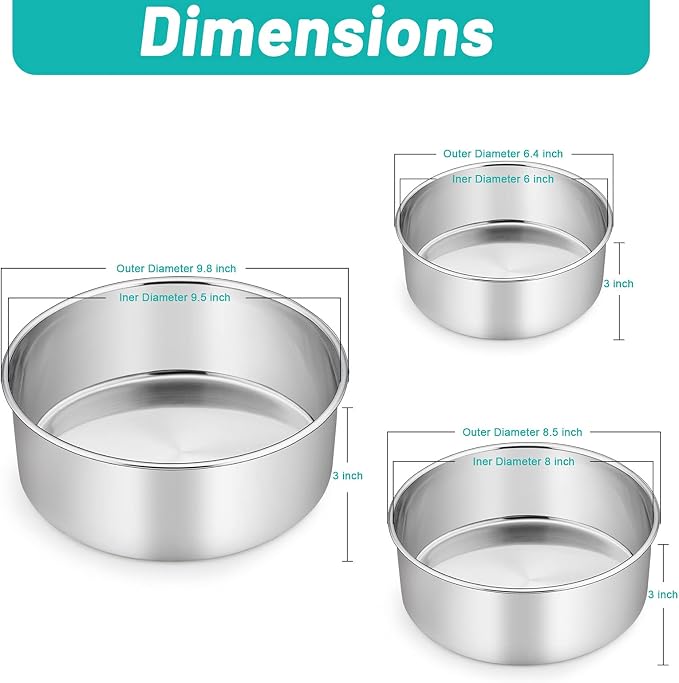 TeamFar Cake Pan, Stainless Steel Round Baking Pans Set for Layer Cake Pie | 6'' & 8'' & 9½'', Smash Cake Pan Tins 3”H, Baking Steaming Serving at Wedding Camping Bakery, Oven & Dishwasher Safe - 3 PCS - Image 2