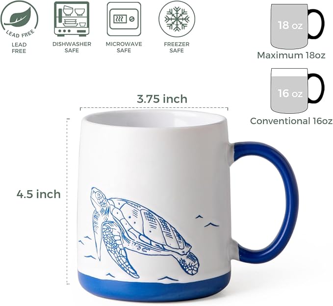 AmorArc Large Coffee Mugs Set of 6, 18oz Ceramic Coffee Cups with Sea Life Textured Patterns for Tea Latte Cocoa. Easy to Hold&Clean, Dishwasher&Microwave Safe, Matt White - Image 2