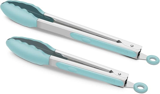 2 Pack Silicone Kitchen Tongs, 9 & 12 Inch, Stainless Steel, Aqua Sky by ALLWIN-HOUSEWARE